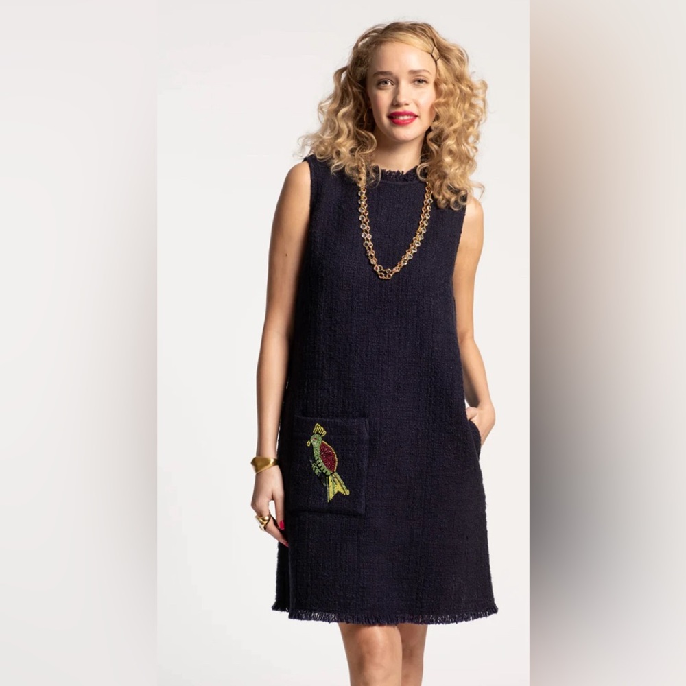FRANCES VALENTINE Twiggy Fringe Dress Cotton Boucle Navy